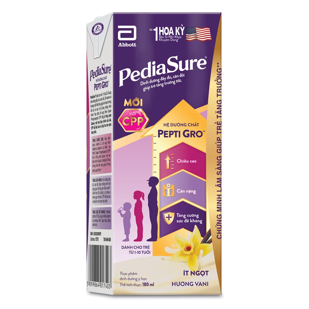 Thực phẩm dinh dưỡng y học cho trẻ 1-10 tuổi: Pediasure hương vani (180ml) (Lốc 4)