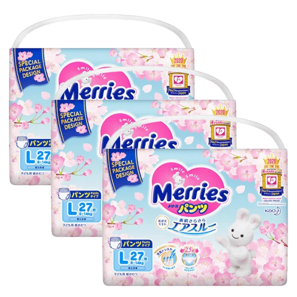 Combo 3 Bỉm Tã Quần Merries Sakura (L, 9-14kg, 27 miếng)