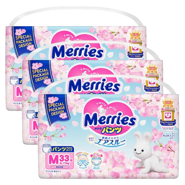 Combo 3 Bỉm Tã Quần Merries Sakura (M, 6-11kg, 33 miếng)
