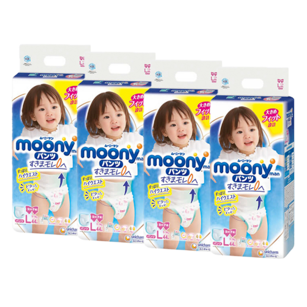Combo 4 gói Bỉm tã quần Moony bé gái size L 44 miếng (9-14kg)