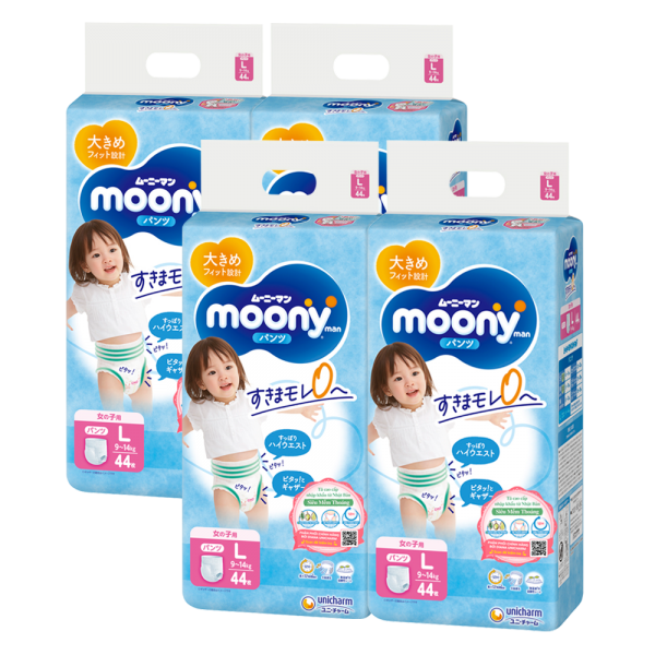 Combo 4 gói Bỉm tã quần Moony bé gái size L 44 miếng (9-14kg)