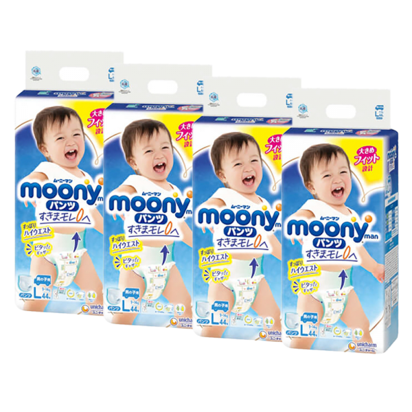 Combo 4 gói Bỉm tã quần Moony bé trai size L 44 miếng (9-14kg)