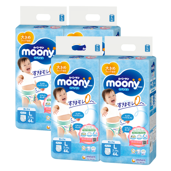 Combo 4 gói Bỉm tã quần Moony bé trai size L 44 miếng (9-14kg)