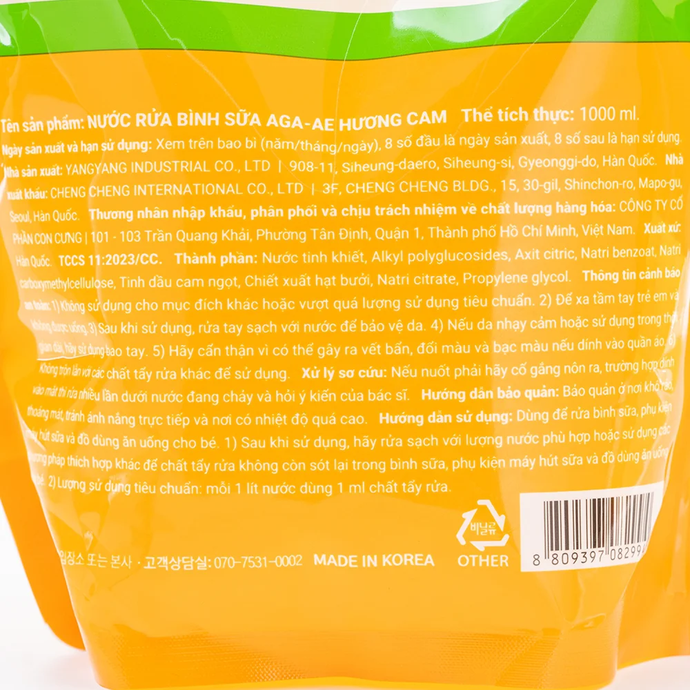 Combo 2 Nước rửa bình sữa AGA-AE hương cam - Túi 1L