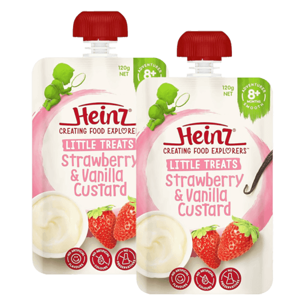 Combo 2 Hỗn hợp nghiền dành cho trẻ 8 tháng tuổi trở lên : Custard Dâu và Vani - Heinz Strawberry & Vanilla custard.