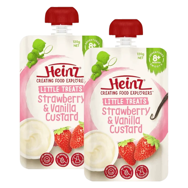 Combo 2 Hỗn hợp nghiền dành cho trẻ 8 tháng tuổi trở lên : Custard Dâu và Vani - Heinz Strawberry & Vanilla custard.