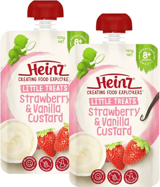Combo 2 Hỗn hợp nghiền dành cho trẻ 8 tháng tuổi trở lên : Custard Dâu và Vani - Heinz Strawberry & Vanilla custard.