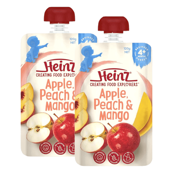 Combo 2 Hỗn hợp nghiền dành cho trẻ 4 tháng tuổi trở lên : Táo, Đào và Xoài - Heinz Apple, Peach & Mango.