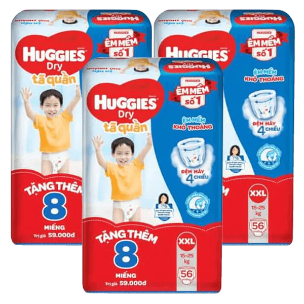 Combo 3 Bỉm tã quần Huggies Dry (XXL, 15 -25 kg, 56 miếng) + 8 miếng