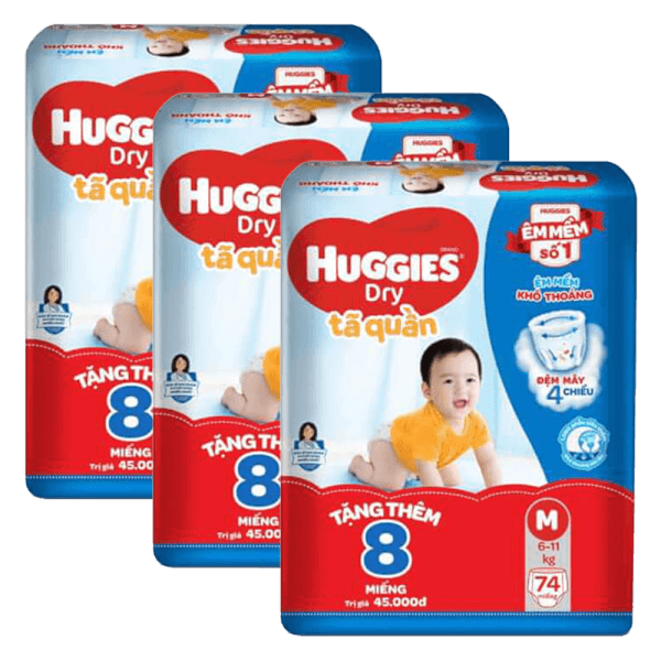 Combo 3 Bỉm tã quần Huggies Dry Pants (M, 6-11kg, 74 miếng) + 8 miếng