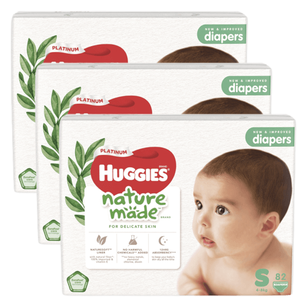 Combo 3 Bỉm tã dán Huggies Platinum Nature Made size S 82 miếng (4-8kg)