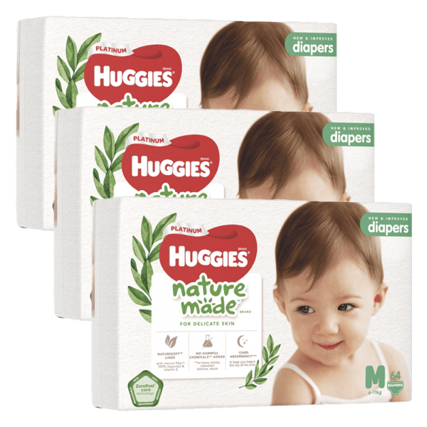 Combo 3 bỉm tã dán Huggies Platinum Nature Made size M 64 miếng (6-11kg)
