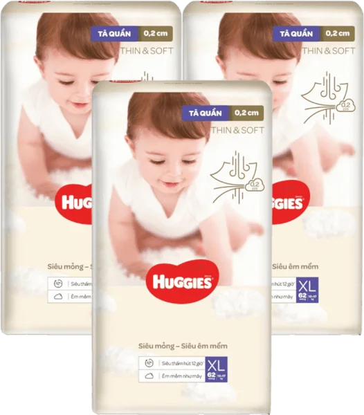 Combo 3 Tã quần Huggies Thin & Soft  (XL, 12-17kg, 62 miếng)