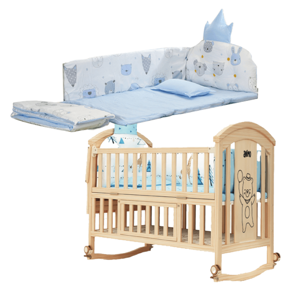 Combo 1 Quây nệm vương miện Animo ( LBBS-39, xanh) và 1 Nôi cũi gỗ bập bênh 6 trong 1 Animo WBBX1