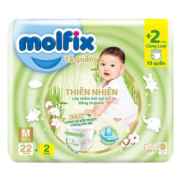 QT Molfix_Tã quần Molfix Thiên Nhiên (M, 22 miếng) + 2 miếng