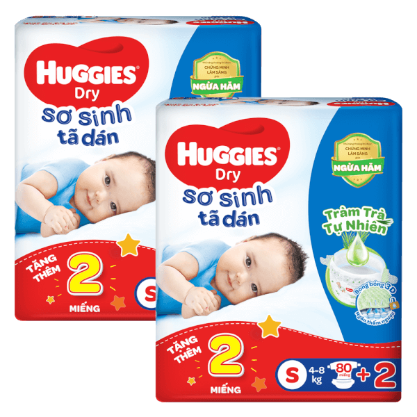 Combo 2 Tã dán sơ sinh Huggies Dry (S, 4-8kg, 80 miếng) + 2 miếng
