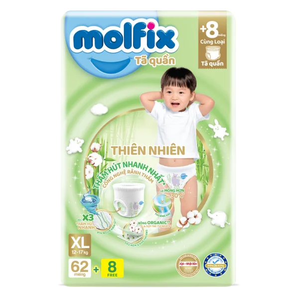 Combo 4 Tã quần Molfix thiên nhiên (XL, 12-17kg, 62 miếng) (giao bao bì ngẫu nhiên)
