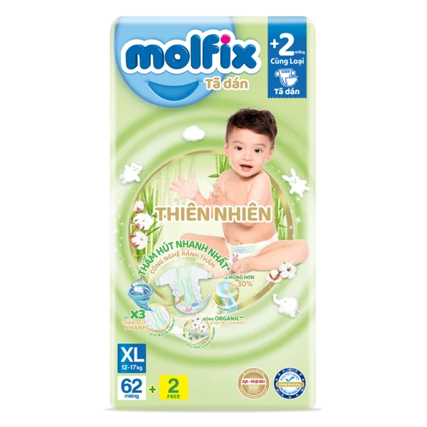 Bỉm tã dán Molfix thiên nhiên (XL, 12-17kg, 62 miếng) (giao bao bì ngẫu nhiên)