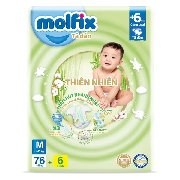 Combo 3 Bỉm tã dán Molfix thiên nhiên (M, 6-11kg, 76 miếng)