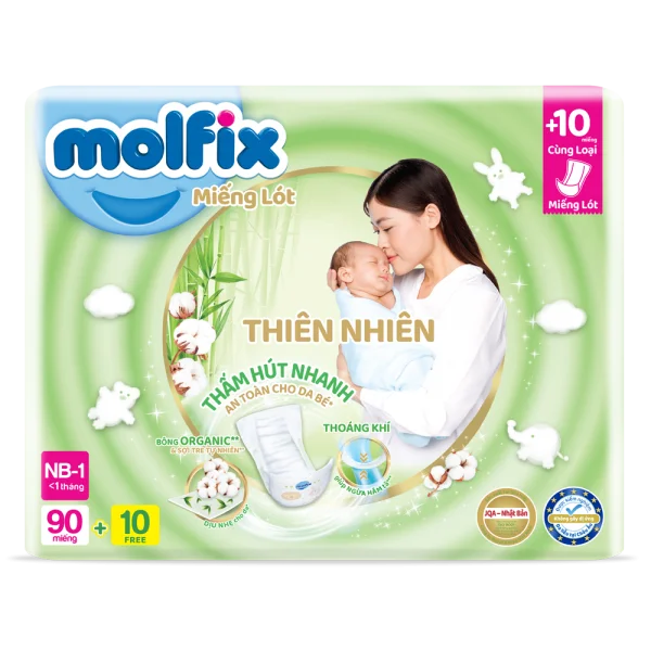 Combo 2 Miếng lót Molfix Thiên Nhiên (Newborn 1, < 1 tháng, 90 miếng + 10 miếng)