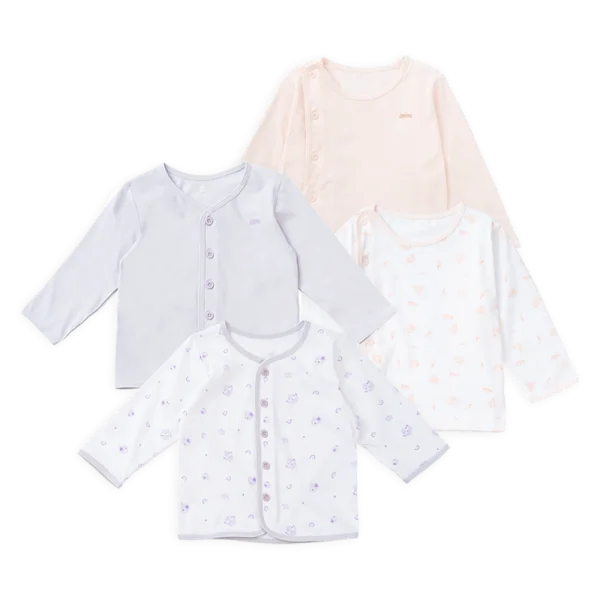 Combo 2 cặp áo sơ sinh 0-3M cài chéo tay dài Animo KV223015 (Trắng họa tiết-Cam) và KV223021 (Trắng họa tiết_Tím)