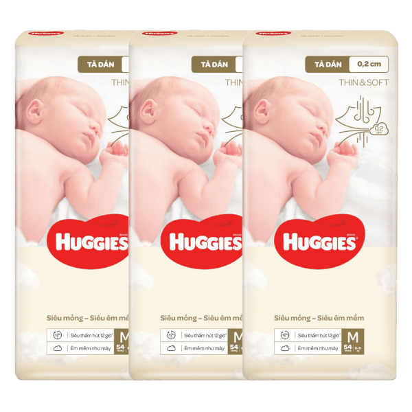 Combo 3 Tã dán Huggies Thin & Soft (M, 6-11kg, 54 miếng)