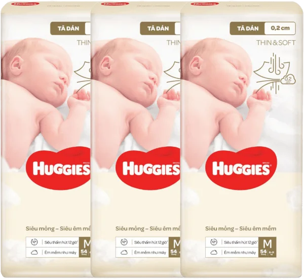 Combo 3 Tã dán Huggies Thin & Soft  (M, 6-11kg, 54 miếng)