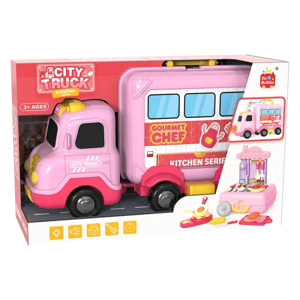 Đồ chơi xe chạy trớn biến hình nhà bếp có nhạc đèn 17pcs HW23039093_C2307 (Hồng)