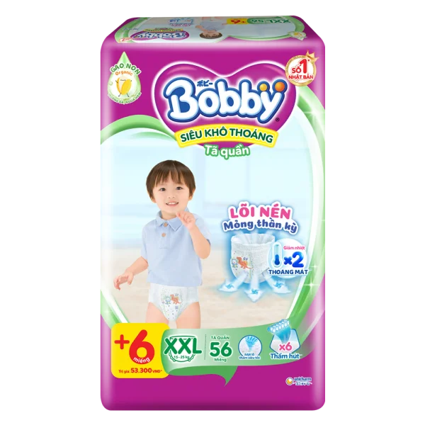 Bỉm tã quần Bobby size XXL 56 miếng (trên 16kg) (sản phẩm được giao với bao bì ngẫu nhiên)