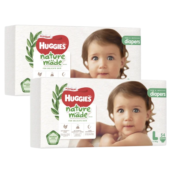Combo 2 bỉm tã dán Huggies Platinum Nature Made size L 54 miếng (9-14kg)