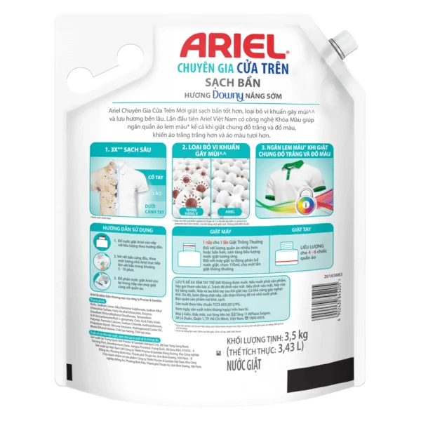 Nước giặt Ariel túi 3.5kg Sạch bẩn hương Downy Nắng Sớm