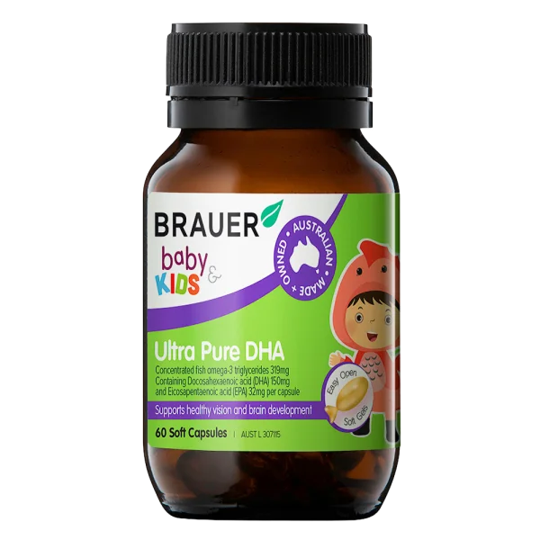 Viên bổ sung dầu cá tinh khiết cho bé từ 7 tháng tuổi Brauer Baby & Kids Ultra Pure DHA