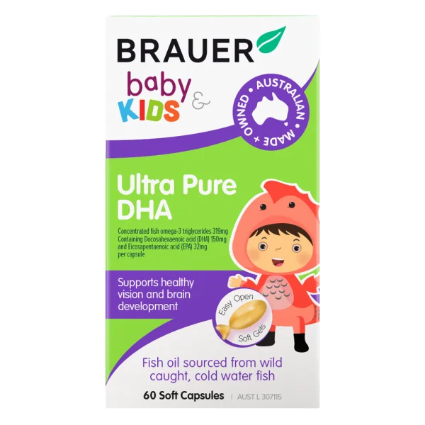Viên bổ sung dầu cá tinh khiết cho bé từ 7 tháng tuổi Brauer Baby & Kids Ultra Pure DHA