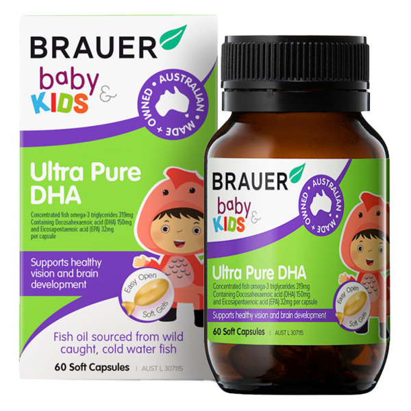 Viên bổ sung dầu cá tinh khiết cho bé từ 7 tháng tuổi Brauer Baby & Kids Ultra Pure DHA