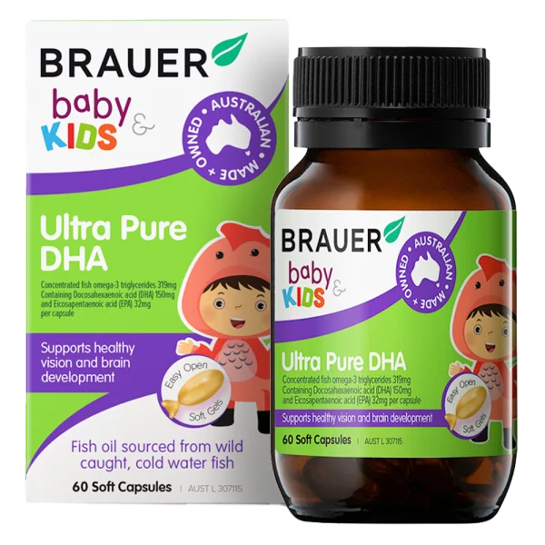 Viên bổ sung dầu cá tinh khiết cho bé từ 7 tháng tuổi Brauer Baby & Kids Ultra Pure DHA