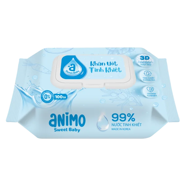 Khăn ướt tinh khiết Animo 100 tờ - Không mùi