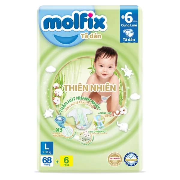 Bỉm tã dán Molfix Thiên Nhiên (L, 9-13kg, 68 miếng) (giao bao bì ngẫu nhiên)