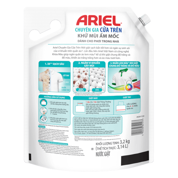 Nước giặt Ariel khử mùi ẩm mốc túi 3.2kg
