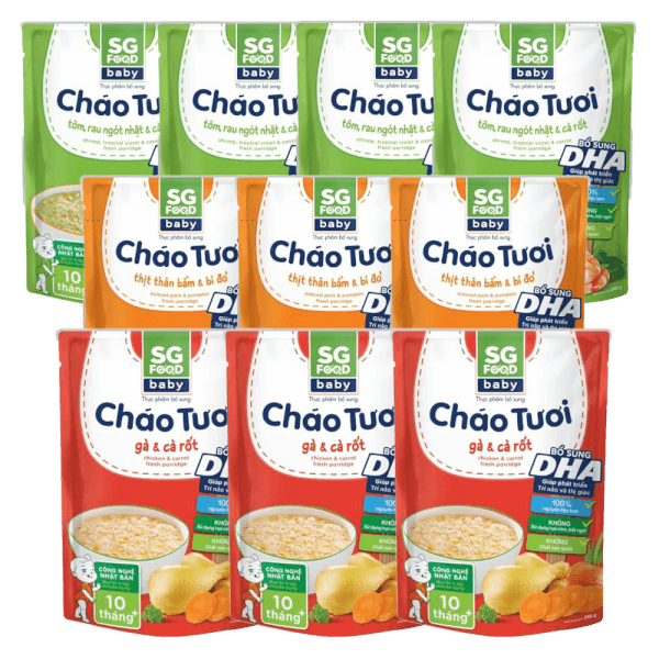 Combo 10 Cháo tươi Baby: 4 Tôm rau ngót Nhật cà rốt, 3 Thịt thăn bằm bí đỏ, 3 Gà cà rốt