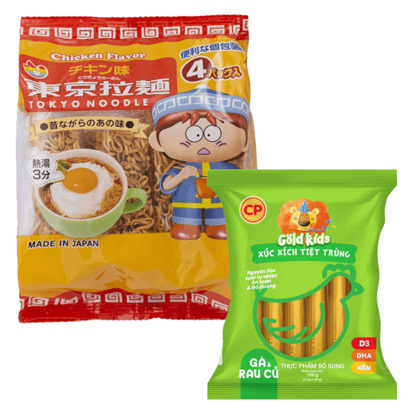 Combo 1 Mỳ ăn liền cho bé Tokyo Noodle Vị Gà và 1 Xúc xich Gà và rau củ