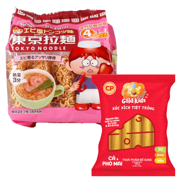 Combo 1 Mỳ ăn liền cho bé Tokyo Noodle Vị Tôm và Xúc xích Cá và phô mai