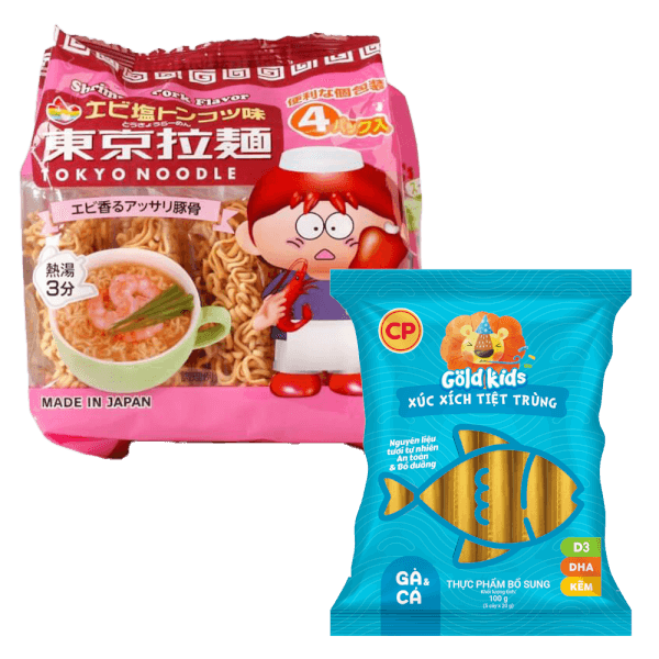 Combo 1 Mỳ ăn liền cho bé Tokyo Noodle Vị Tôm và Xúc xích Gà và Cá
