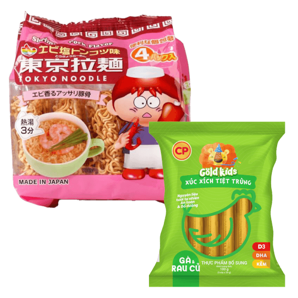 Combo 1 Mỳ ăn liền cho bé Tokyo Noodle Vị Tôm và Xúc xich Gà và rau củ