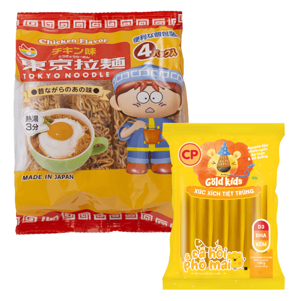 Combo 1 Mỳ ăn liền cho bé Tokyo Noodle Vị Gà và 1 Xúc xích Cá hồi