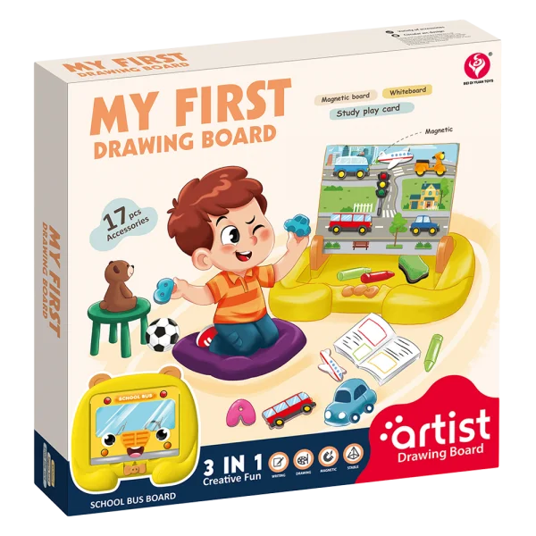 Bảng vẽ nam châm học tập kèm bộ chữ số, phương tiện giao thông từ tính và bút vẽ JS061007_C2307 (Vàng)