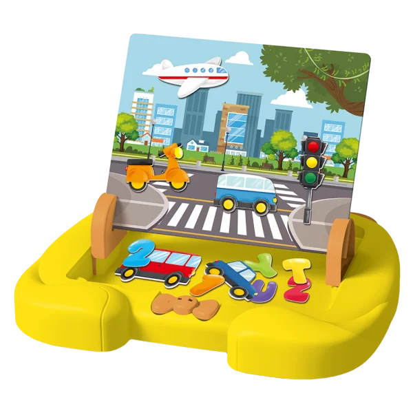 Bảng vẽ nam châm học tập kèm bộ chữ số, phương tiện giao thông từ tính và bút vẽ JS061007_C2307 (Vàng)