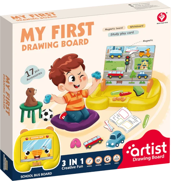 Bảng vẽ nam châm học tập kèm bộ chữ số, phương tiện giao thông từ tính và bút vẽ JS061007_C2307 (Vàng)