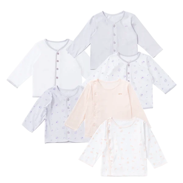 Combo 3 cặp áo sơ sinh NB cài chéo & cài giữa tay dài KV223015 (Trắng họa tiết-Cam), KV223021 (Trắng họa tiết_Tím) và KV223022 (Tím họa tiết_Trắng)