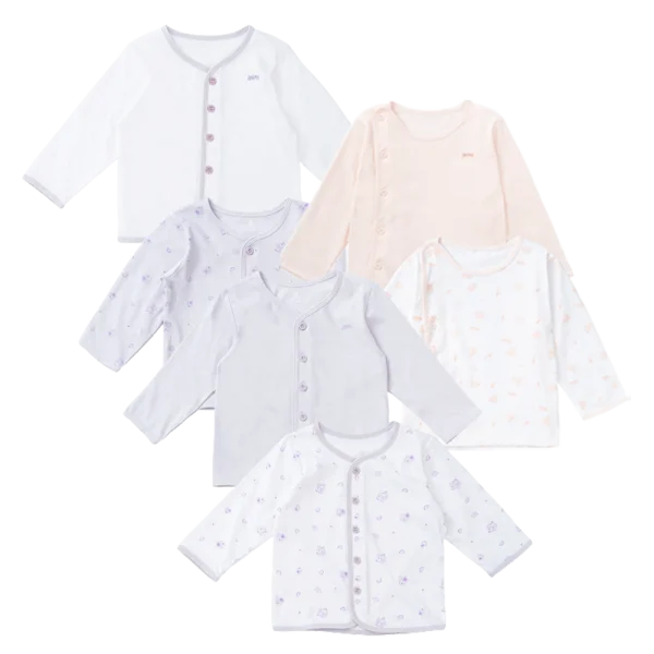 Combo 3 cặp áo sơ sinh 3-6M cài chéo & cài giữa tay dài KV223015 (Trắng họa tiết-Cam), KV223021 (Trắng họa tiết_Tím) và KV223022 (Tím họa tiết_Trắng)