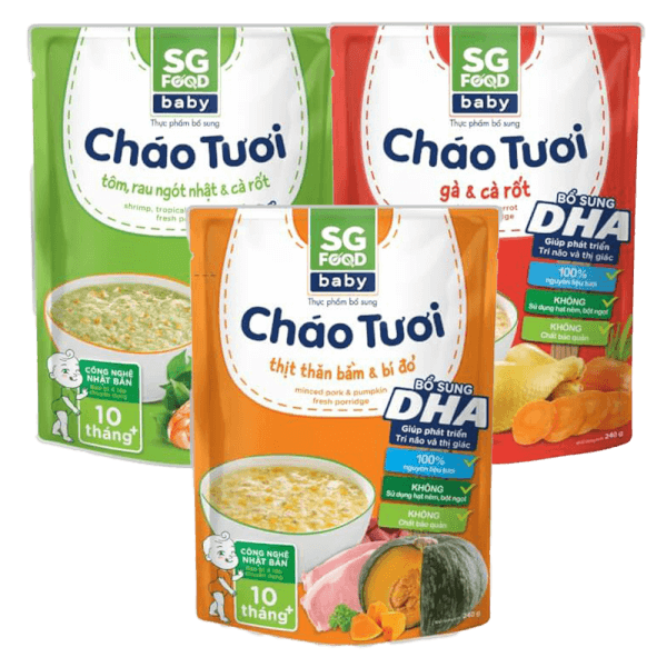 Combo 1 Cháo tươi Baby Tôm Rau Ngót Nhật Cà Rốt, 1 Cháo tươi Baby thịt thăn bằm bí đỏ, 1 Cháo tươi Baby gà cà rốt, SG Food, 7 tháng, 240g